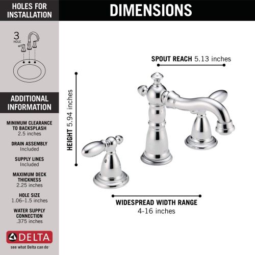  Delta Faucet Victorian Widespread Bathroom Faucet Chrome, Bathroom Faucet 3 Hole, Diamond Seal Technology, Metal Drain Assembly, Chrome 3555-MPU-DST,1