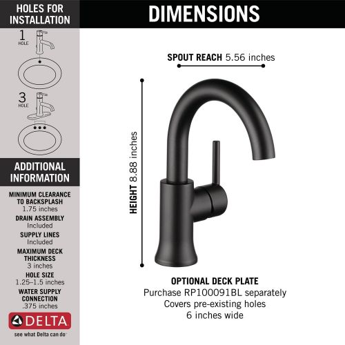  Delta Faucet Trinsic Matte Black Bathroom Faucet, Single Hole Bathroom Faucet, Single Handle Bathroom Faucet, Diamond Seal Technology, Drain Assembly, Matte Black 559HA-BL-DST