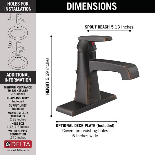  Delta Faucet Ashlyn Bronze Bathroom Faucet, Single Hole Bathroom Faucet, Single Handle, Diamond Seal Technology, Metal Drain Assembly, Venetian Bronze 564-RBMPU-DST