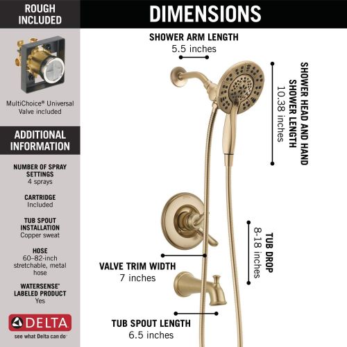  Delta Faucet Linden 17 Series Dual-Function Tub and Shower Trim Kit, Shower Faucet with 4-Spray In2ition 2-in-1 Dual Hand Held Shower Head with Hose, Champagne Bronze T17494-CZ-I (
