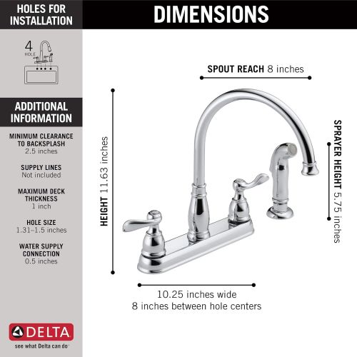  Delta Faucet Windemere 2-Handle Kitchen Sink Faucet with Side Sprayer in Matching Finish, Chrome 21996LF