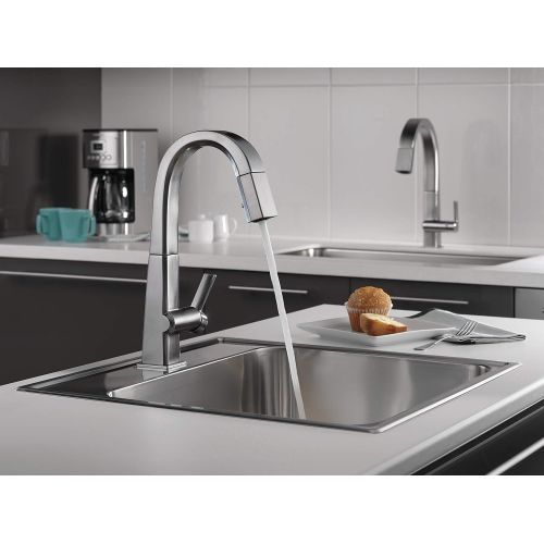  Delta Faucet Pivotal Single-Handle Bar-Prep Kitchen Sink Faucet with Pull Down Sprayer and Magnetic Docking Spray Head, Arctic Stainless 9993-AR-DST