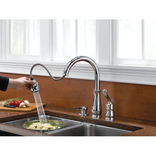  DELTA FAUCET Delta 978-SD-DST Leland Single Handle Kitchen Faucet With Pull Down Spray, Soap Dispenser, and Diamond Seal Valve, Chrome