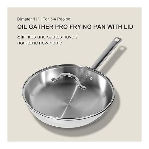  DELUXE Stainless Steel Pan, 11 Inches Oil Gather Pro Skillet with Lid and 3-ply Heavy Bottom, PFOA Free Frying Pot with Stay-cool Handle Cooking In All Induction Gas Stove Oven Dishwasher Safe