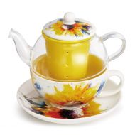 DEMDACO Sunflower Watercolor Sunshine Yellow 14 ounce Ceramic Stoneware Tea Pot Set