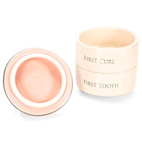  [아마존베스트]DEMDACO First Tooth and Curl Pink Ceramic Stoneware Childrens Stackable Keepsake Box