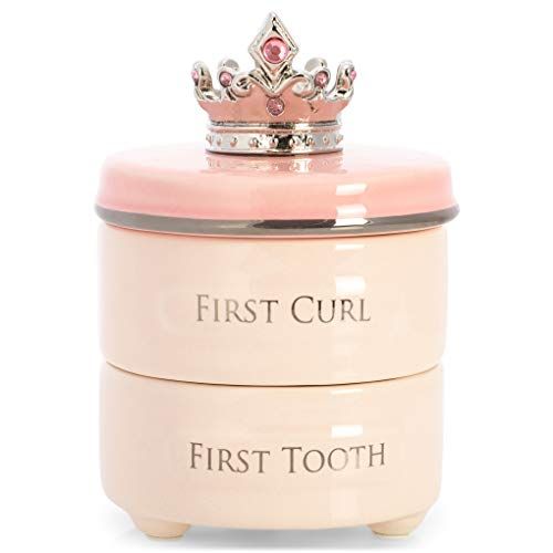  [아마존베스트]DEMDACO First Tooth and Curl Pink Ceramic Stoneware Childrens Stackable Keepsake Box