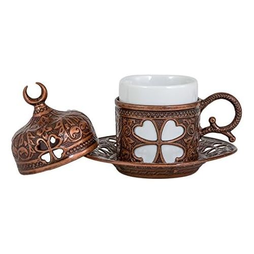  [아마존베스트]Demmex Turkish Coffee Espresso Cup with Inner Porcelain, Metal Holder, Saucer and Lid, 4 Pieces (Antique Brown)