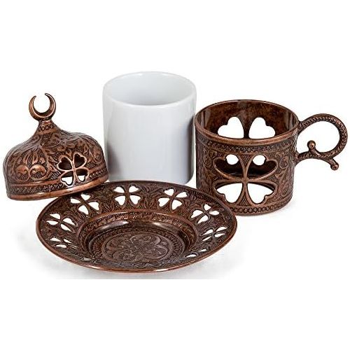  [아마존베스트]Demmex Turkish Coffee Espresso Cup with Inner Porcelain, Metal Holder, Saucer and Lid, 4 Pieces (Antique Brown)