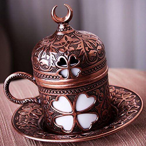  [아마존베스트]Demmex Turkish Coffee Espresso Cup with Inner Porcelain, Metal Holder, Saucer and Lid, 4 Pieces (Antique Brown)