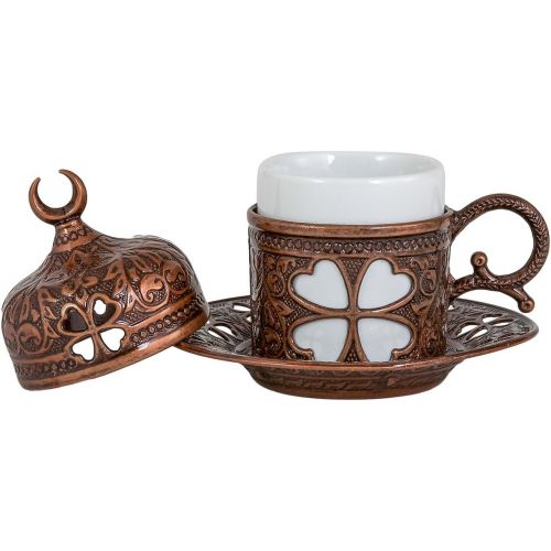  [아마존베스트]Demmex Turkish Coffee Espresso Cup with Inner Porcelain, Metal Holder, Saucer and Lid, 4 Pieces (Antique Brown)