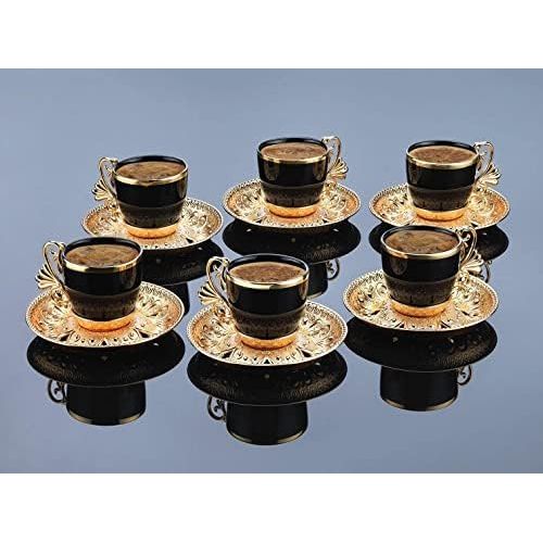  [아마존베스트](Set of 6) Demmex Turkish Greek Arabic Coffee Espresso Demitasse Cup Saucer Spoon Set, Black Cups (Gold)