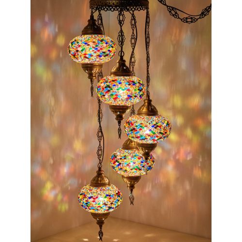  DEMMEX Turkish Moroccan Mosaic Plug in Swag Pendant Lamp Light Fixture Plugged Chandelier, US Plug with 15feet Chain - Customizable Colors (6.5 X 5 Globe Chandelier)
