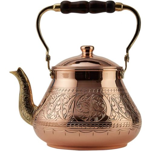  DEMMEX Handmade Heavy Gauge 1mm Thick Natural Turkish Copper Engraved Tea Pot Kettle Stovetop Teapot, LARGE 3.1 Qt 2.75lb (Engraved Copper)