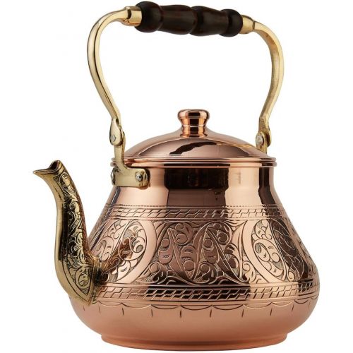  DEMMEX Handmade Heavy Gauge 1mm Thick Natural Turkish Copper Engraved Tea Pot Kettle Stovetop Teapot, LARGE 3.1 Qt 2.75lb (Engraved Copper)