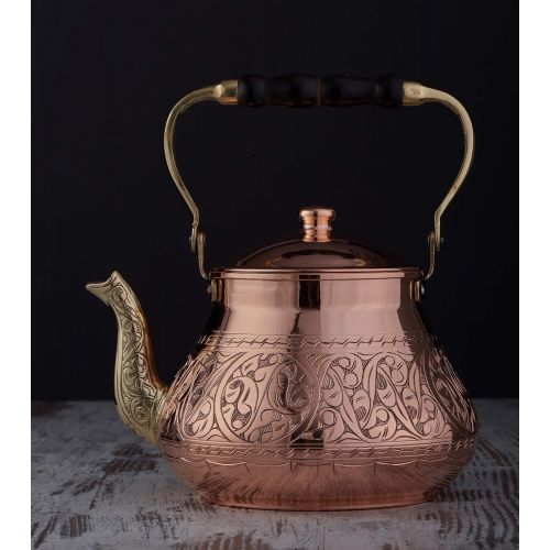  DEMMEX Handmade Heavy Gauge 1mm Thick Natural Turkish Copper Engraved Tea Pot Kettle Stovetop Teapot, LARGE 3.1 Qt 2.75lb (Engraved Copper)