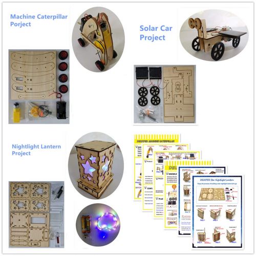  DEUXPER DIY Science Kits for Kids - 3 STEM Educational Building Projects Craft Kit - Solar Circuits Car and Fairy Nightlight Lantern and Machine Caterpillar