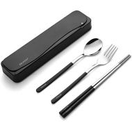 [아마존베스트]DEVICO Travel Utensils, 18/8 Stainless Steel 4pcs Cutlery Set Portable Camp Reusable Flatware Silverware, Include Fork Spoon Chopsticks with Case (Black)