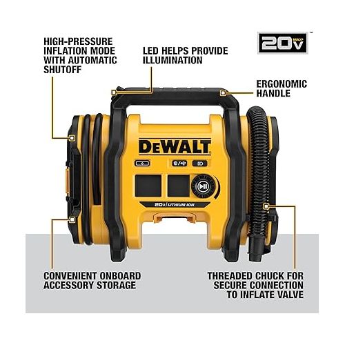 DEWALT 20V MAX Tire Inflator, Compact and Portable, Automatic Shut Off, LED Light, Bare Tool Only (DCC020IB)