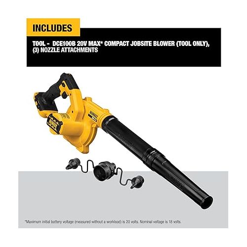  DEWALT 20V MAX Blower, 100 CFM Airflow, Variable Speed Switch, includes Trigger Lock, Bare Tool Only (DCE100B)