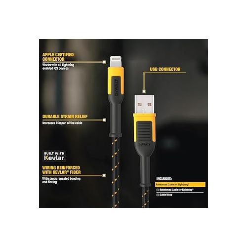  DEWALT Lightning to USB Cable ? Reinforced Braided Cable for Lightning ? Charger Cord Compatible with iPhone ? Apple Compatible Charging Cable ? 6 ft