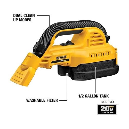  DEWALT 20V MAX Hand Vacuum, Cordless, for Wet or Dry Surfaces, 1/2-Gallon Tank, Washable Filter, Portable, Bare Tool Only (DCV517B)