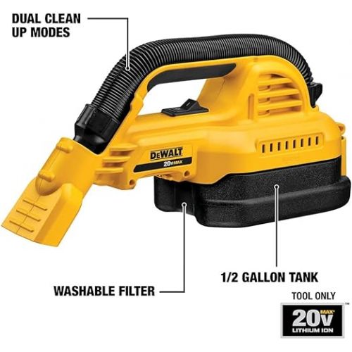  DEWALT 20V MAX Hand Vacuum, Cordless, for Wet or Dry Surfaces, 1/2-Gallon Tank, Washable Filter, Portable, Bare Tool Only (DCV517B)