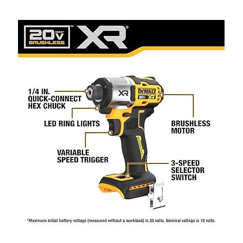  DEWALT 20V MAX Impact Driver, Cordless, 3-Speed, Battery and Charger Included (DCF845D1E1)