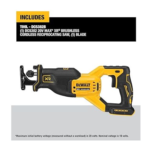  DEWALT 20V MAX XR Reciprocating Saw, Cordless, 2-Finger Variable Trigger, Keyless Blade Clamp, Bare Tool Only (DCS382B)