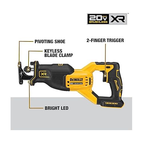  DEWALT 20V MAX XR Reciprocating Saw, Cordless, 2-Finger Variable Trigger, Keyless Blade Clamp, Bare Tool Only (DCS382B)