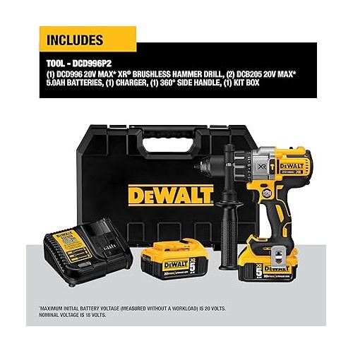  DEWALT 20V MAX XR Hammer Drill Kit, Brushless, 3-Speed, Cordless (DCD996P2)