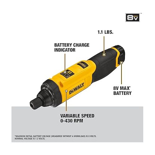  DEWALT 8V MAX Cordless Screwdriver, Gyroscopic, Rechargeable, Battery Included (DCF682N1)