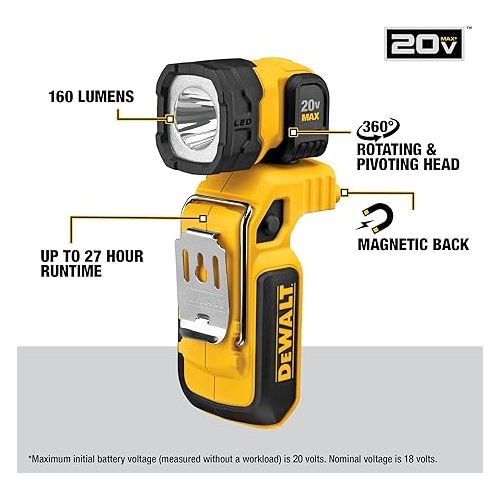  DEWALT 20V MAX LED Work Light, Magnetic, Freestanding and Clip-On, Bare Tool Only (DCL044)