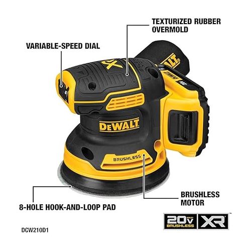  DEWALT 20V MAX Sander, Cordless, 5-Inch, 2.Ah, 8,000-12,000 OPM, Variable Speed Dial, Storage Bag, Battery and Charger Included (DCW210D1)