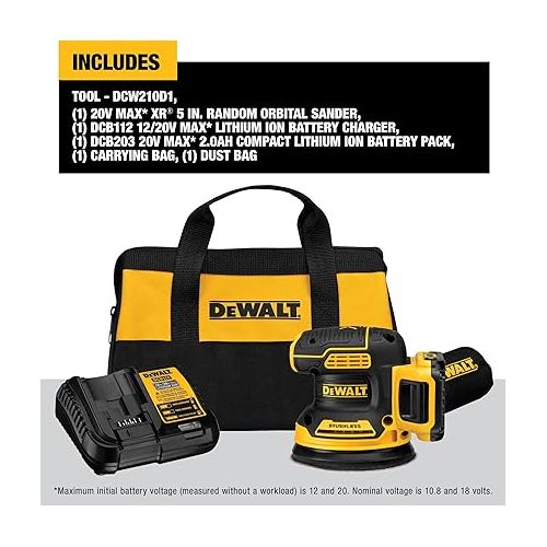  DEWALT 20V MAX Sander, Cordless, 5-Inch, 2.Ah, 8,000-12,000 OPM, Variable Speed Dial, Storage Bag, Battery and Charger Included (DCW210D1)