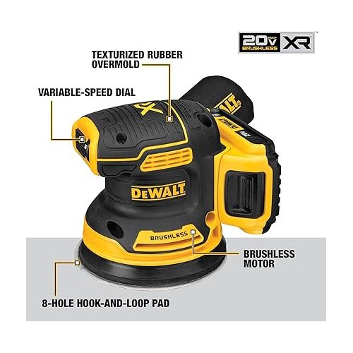  DEWALT 20V MAX Sander, Cordless, 5-Inch, 2.Ah, 8,000-12,000 OPM, Variable Speed Dial, Storage Bag, Battery and Charger Included (DCW210D1)