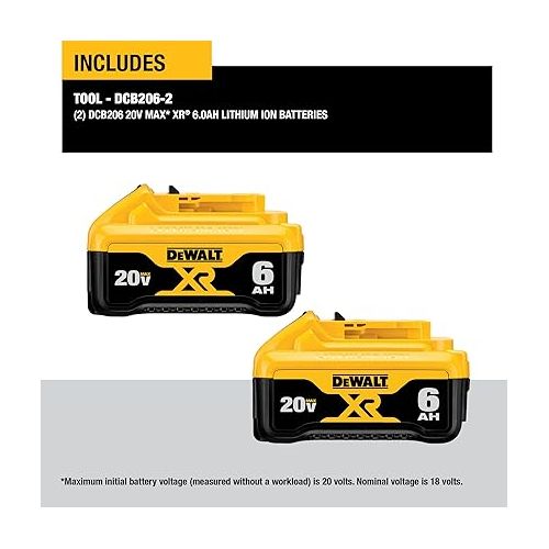  DEWALT 20V MAX Battery, 6 Ah, 2-Pack, Fully Charged in Under 90 Minutes (DCB206-2)