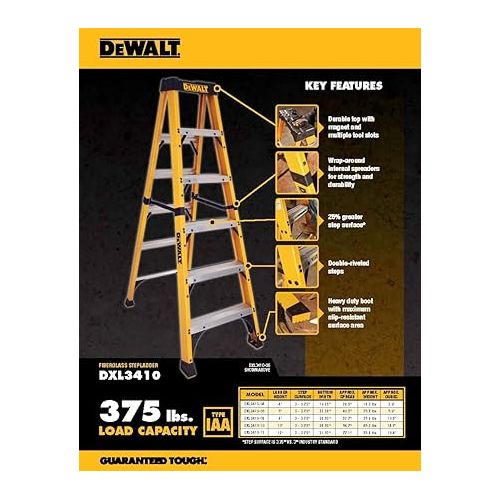  DeWalt DXL3410-04 4-Feet Fiberglass Stepladder Type IAA with 375-Pound Duty Rating, 4-Feet , Yellow