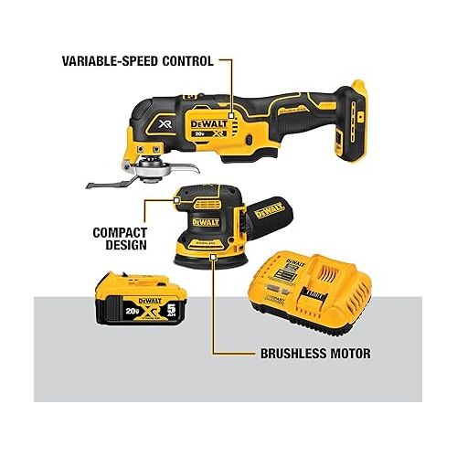  DEWALT 20V MAX Orbital Sander and Oscillating Tool, Cordless Woodworking 2-Tool Set with 5ah Battery and Charger (DCK202P1)