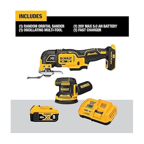  DEWALT 20V MAX Orbital Sander and Oscillating Tool, Cordless Woodworking 2-Tool Set with 5ah Battery and Charger (DCK202P1)