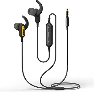 DEWALT Wired Earphones with Microphone ? Jobsite Earbuds Wired 3.5mm ? Water-Resistant Wired Earbuds with Mic ? Wired Headphones for Outdoor Work