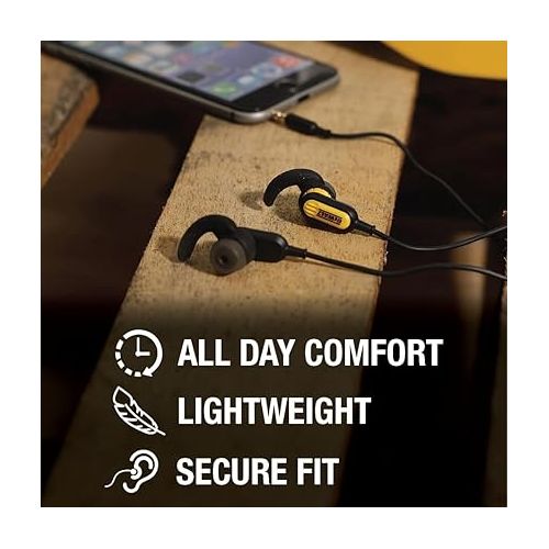  DEWALT Wired Earphones with Microphone ? Jobsite Earbuds Wired 3.5mm ? Water-Resistant Wired Earbuds with Mic ? Wired Headphones for Outdoor Work