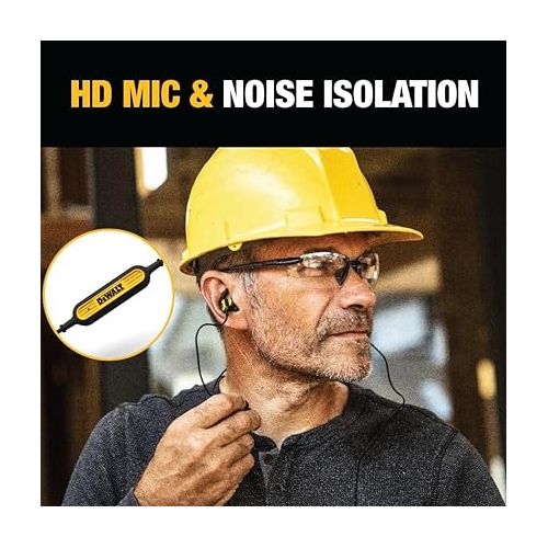  DEWALT Wired Earphones with Microphone ? Jobsite Earbuds Wired 3.5mm ? Water-Resistant Wired Earbuds with Mic ? Wired Headphones for Outdoor Work