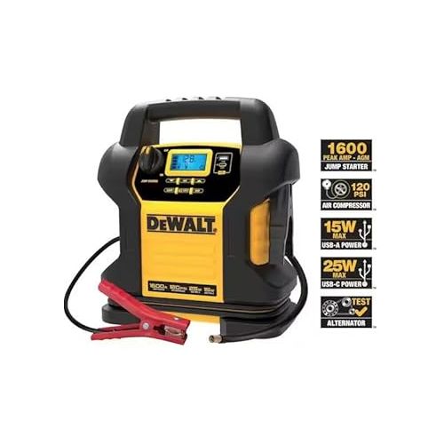  DEWALT DXAEJ14-Type2 Digital Portable Power Station Jump Starter - 1600 Peak Amps with 120 PSI Compressor, AC Charging Cube, 15W USB-A and 25W USB-C power for Electronic Devices