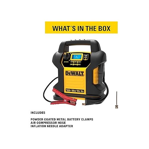  DEWALT DXAEJ14-Type2 Digital Portable Power Station Jump Starter - 1600 Peak Amps with 120 PSI Compressor, AC Charging Cube, 15W USB-A and 25W USB-C power for Electronic Devices