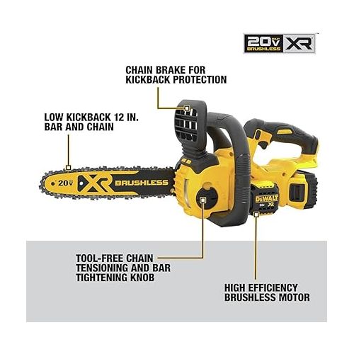  DEWALT 20V MAX* XR Chainsaw Kit, 5-Ah Battery, 12-Inch (DCCS620P1)