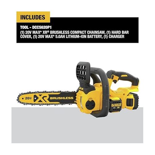  DEWALT 20V MAX* XR Chainsaw Kit, 5-Ah Battery, 12-Inch (DCCS620P1)