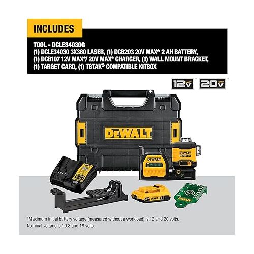  DEWALT 20V/12V MAX Laser Level Kit, 3 x 360, Green (DCLE34030G)