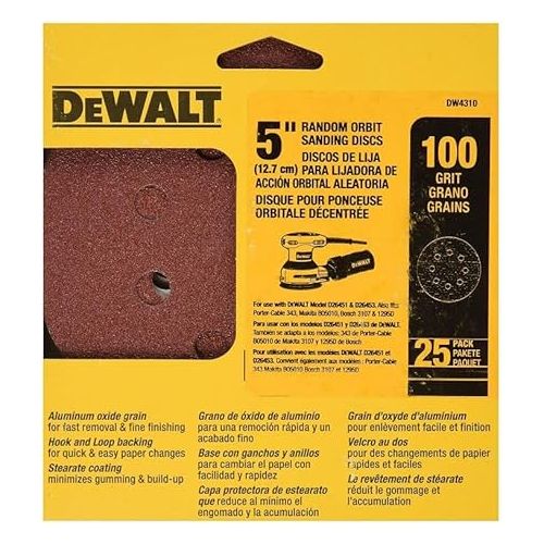  DEWALT DW4310 5-Inch 8 Hole 100 Grit Hook and Loop Random Orbit Sandpaper (25-Pack)