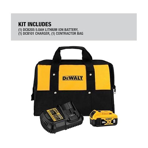  DEWALT 20V MAX 5 Ah Lithium Ion Battery and Charger Kit with Bag (DCB205CK)